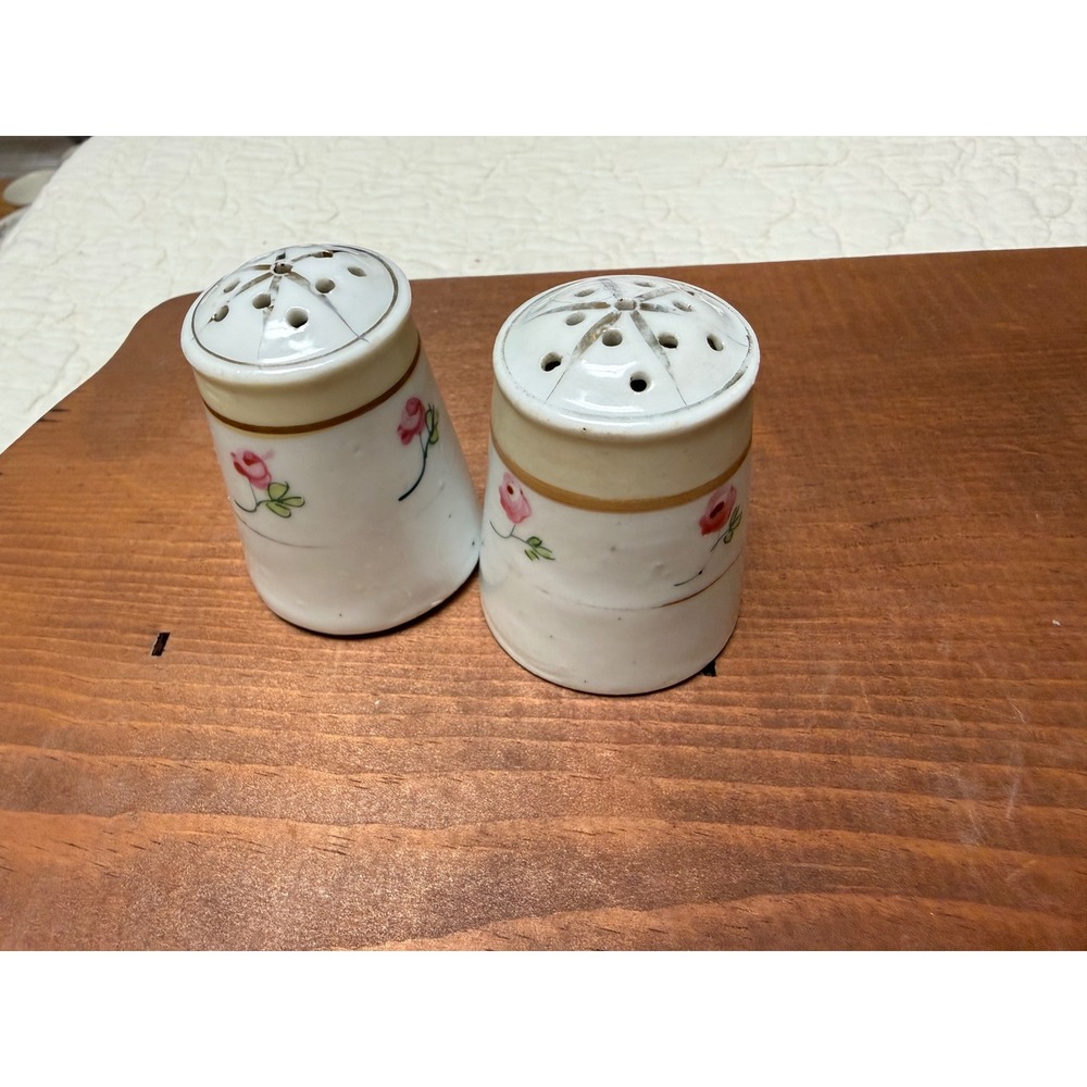 Vintage Hand Painted Japan Salt and Pepper Shakers Pink Rose Porcelain Gold Trim